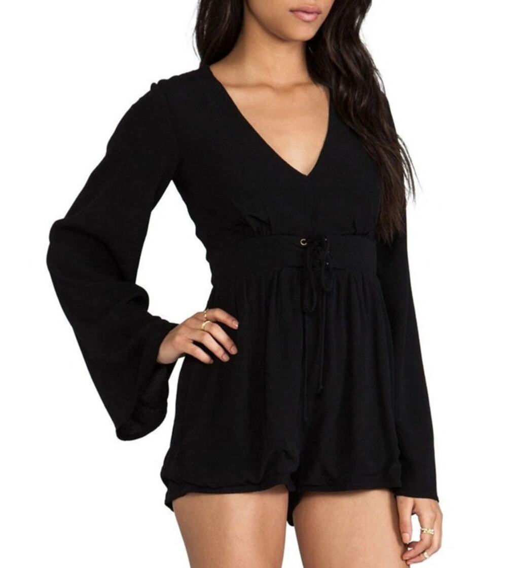 NWT MinkPink Flare Sleeve Romper Small Black Cinchable Edgy Boho Festival Rave